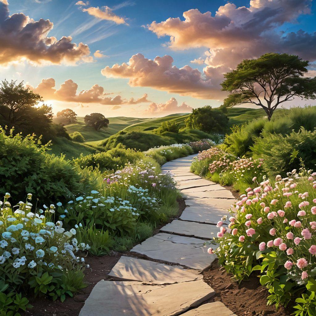 A serene pathway winding through a lush, green landscape, symbolizing the journey of cancer survivorship. Along the path, soft lights and blooming flowers represent hope and support, while silhouettes of diverse individuals share moments of connection and encouragement. Above, a bright sky with gentle clouds signifies optimism for the future. super-realistic. vibrant colors. peaceful atmosphere.